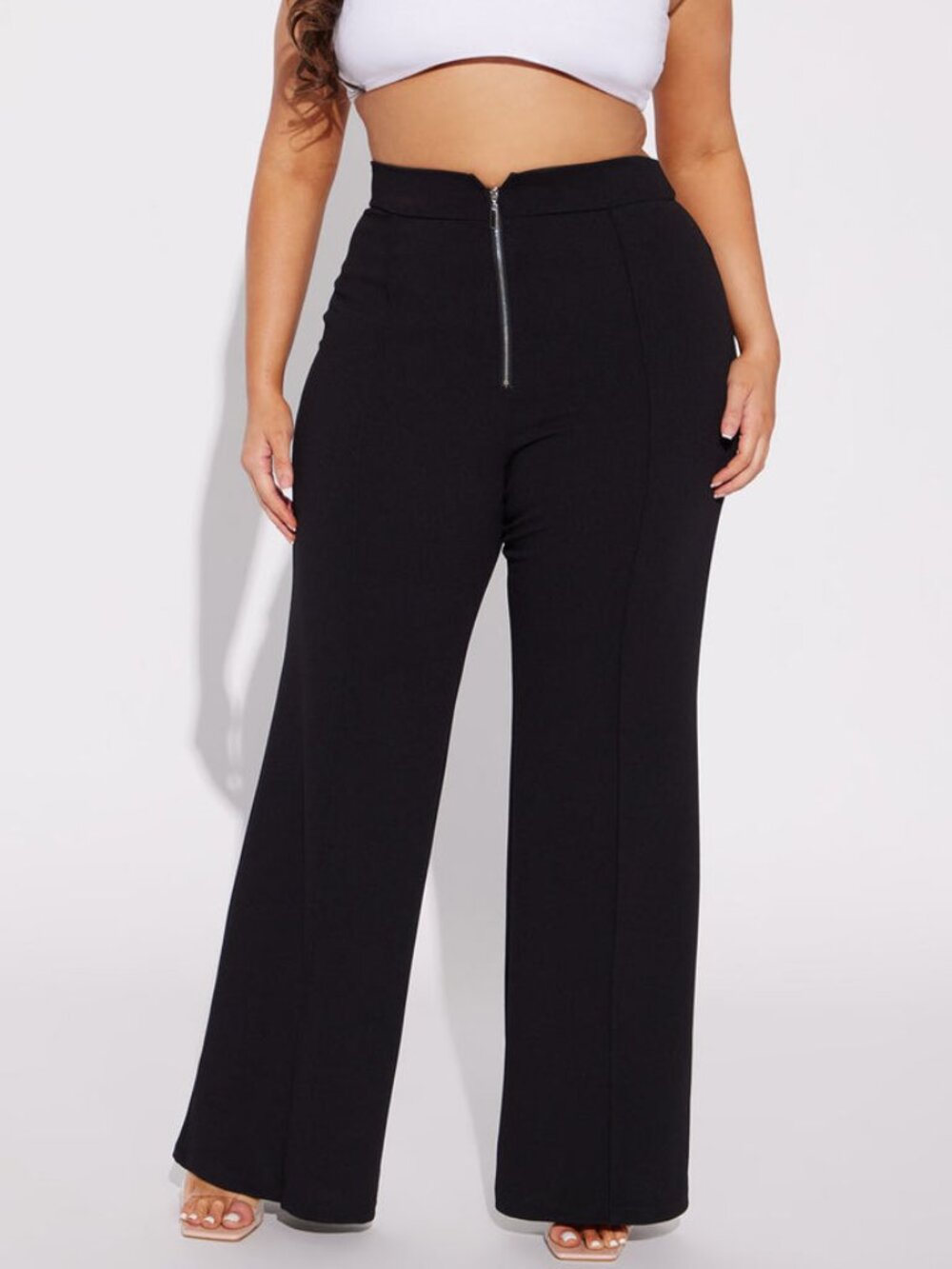 Black Wide Leg Work Pants with Exposed Zipper